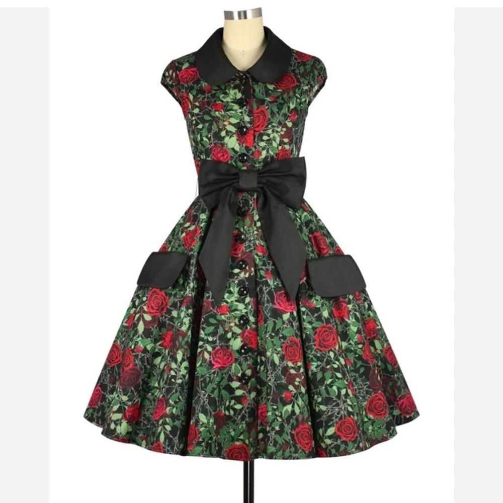 Chic Star Good Goth Rose Thorn Vintage Print Peter Pan Pocket Dress Size 8 NWT